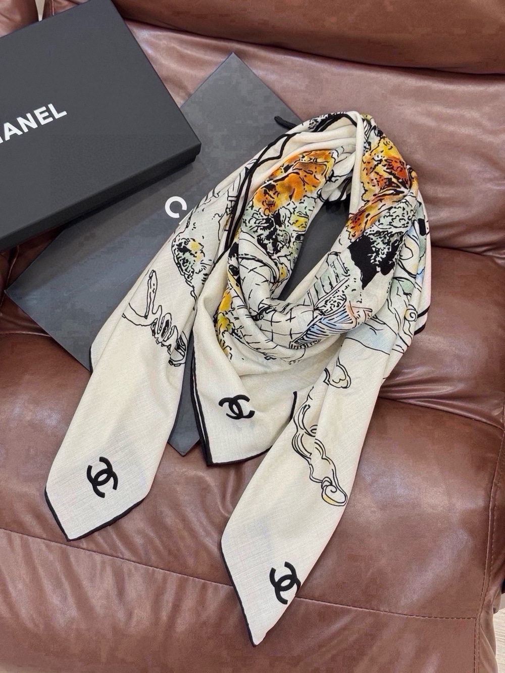CHANEL Artistic Illustration Silk Scarf